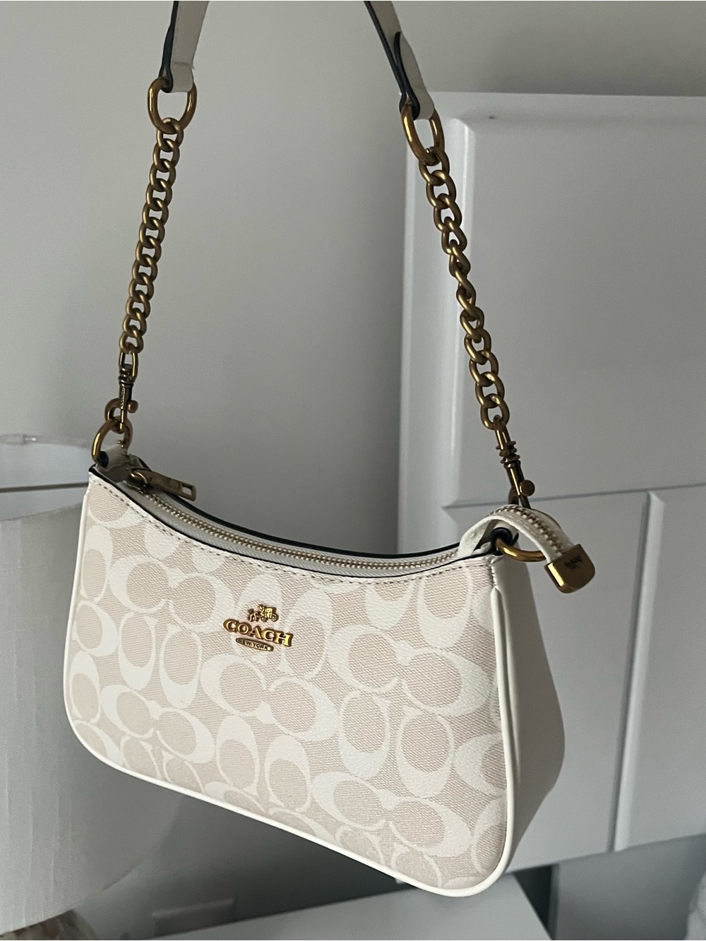 Coach Cream Signature Jacquard Shoulder Bag with Gold Chain Strap